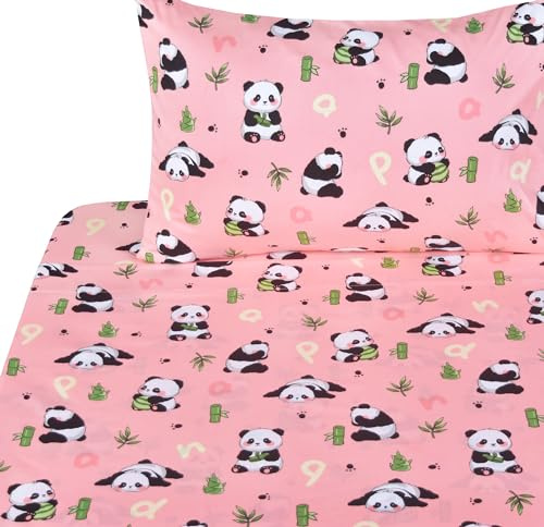 J-pinno Pink Panda Bamboo Cute Twin Bed Sheet Set for Kids Girls Boys Children,100% Cotton, Flat Sheet + Fitted Sheet + Pillowcase Bedding Decoration Gift Set