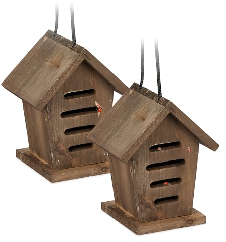 Relaxdays Marienkäferhaus 2X, Marienkäferhotel Garten, zum Aufhängen, Holz unbehandelt, Insektenhotel Marienkäfer, braun