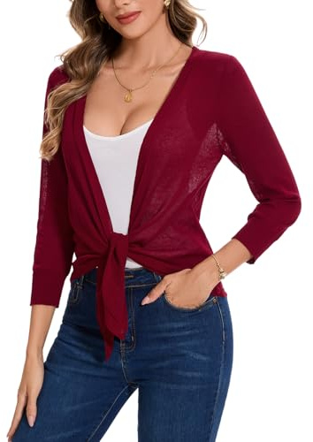 MINTLIMIT Women Cardigans Sweater Open Front Wrap Cardigan 3/4 Sleeve Shrugs Bolero (Wine Red M)