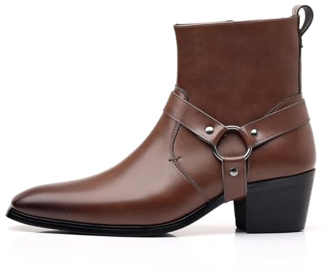 SFSSWSRYDF Bottines Chelsea pour Hommes avec Talon Bloc Chunky Bottines Gothique en Cuir avec Boucle Fermeture Éclair latérale,A Dark Brown,43 EU