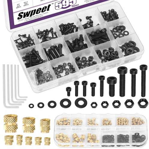 Swpeet 595 pièces M2 M2.5 M3 M4 M5 12.9 en acier allié Vis à douille hexagonale et inserts filetés en laiton avec écrous, rondelles, clés à molette, assortiment de vis, douilles hexagonales