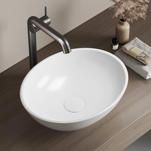 EMKE Lavabo sobre Encimera Ovalado 415 x 335 x 140 mm, Lavamanos de Cerámica Blanco Brillante, Pila de Apoyo Tipo Bol Exento para Baño y Aseo de Invitados (Solo Lavabo)