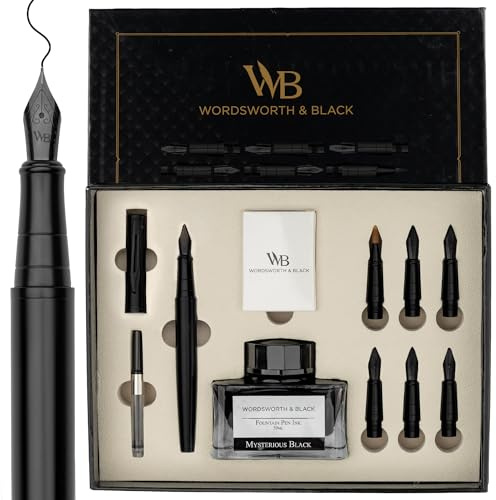 Wordsworth & Black Set Pluma Caligrafía para Escritura, 6 Plumines, Negro | Frasco de Tinta para Pluma, Cartuchos y Convertidor, Recargable, Negro, Regalo para Hombre y Mujer, Diario y Lettering
