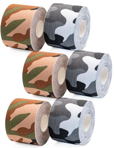 Kinesio Tape 6 Pezzi – 5 mt x 5 cm – Stile Camouflage Pink, Blue, Green, Black – Traspirante – Con Taglio Tratteggiato – Supporto Muscolare per Spalla, Gomito, Schiena (Verde e nero)