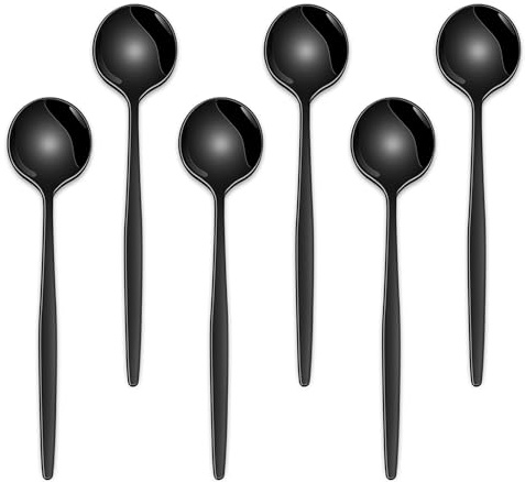 Cucharas de café y té de 5.1 pulgadas, 6 cucharas de postre de acero inoxidable negro para café, cuchara de espresso negra, bonita cuchara pequeña Demitasse