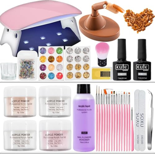 CENBEII Acrylic Nail Kit Acrylic Powder - Practice Hand Finger with Nail Tips Gel Nail Kit - 4 Colors Powder 75ml Acrylic Liquid Polygel Nail Kit - Nail Lamp Gel x Nail Extension Kit for Nail Art