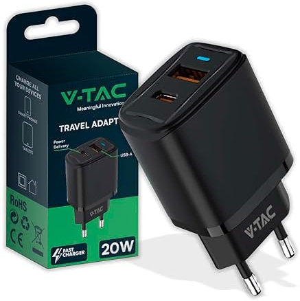 V-TAC Cargador USB-C Carga Rapida PD 20W para iPhone y Samsung - Ultra Rápido Smartphones y Dispositivos - 2 Puertos USB Tipo C y USB A para iPhone 13/14 /15/16 Pro/MAX y Galaxy/ S23 / S24 / S25