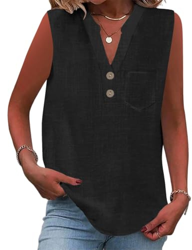 Onsoyours Camicia Donna Estiva in Cotone e Lino Senza Maniche Elegante Blusa Scollo a V Casual Canotta Top A Nero M