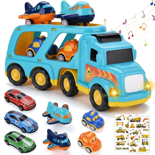 KIMIGO Camión de Juguetes,Camion Transportador de Coches para Niños,5 en 1 Transportador Coches con Luces y Sonidos,Camion Transporte Coches Juguetes Niño Niña 1 2 3 4 5 6 Años,Regalo para Niños