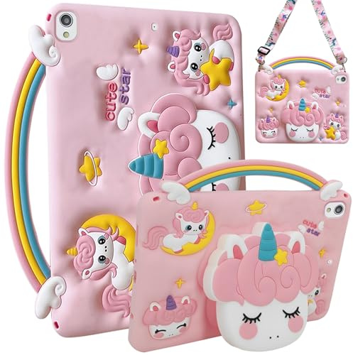A-BEAUTY Barn Fodral Kompatibelt med iPad 9,7 Tum (6:e/5:e Generationen 2018/2017) / iPad Air 2/Air 1, Stötsäker Silikon Enhörning Case z Handtagstativ, Axelrem