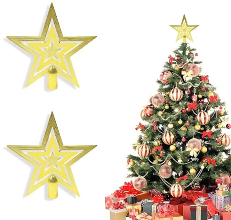 2Pcs 10CM Gold Mini Star Tree Topper Christmas Decorations, Mini Glitter Tree Top Star Small Christmas Tree Decoration Treetop for Xmas Tree Ornaments