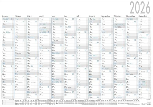 Zettler Plakatkalender 12 Monate 2026 – Jahreswandkalender 100 x 70 cm, 1 Seite mit 5 Spalten zur Urlaubsplanung, Tages-, Wochen- & Arbeitstagezählung, Ferientermine, schwarz/blau, 1 Stück gerollt