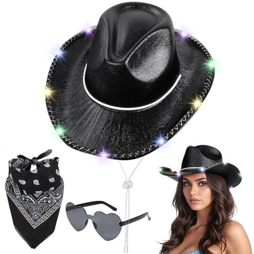 Aomig Chapeau de Cowboy Western Lumineux avec Bord LED Clignotant- Déguisement pour Adultes avec Lunettes de Soleil et Bandana - Accessoires de Costume pour Halloween et Carnaval(Noir)