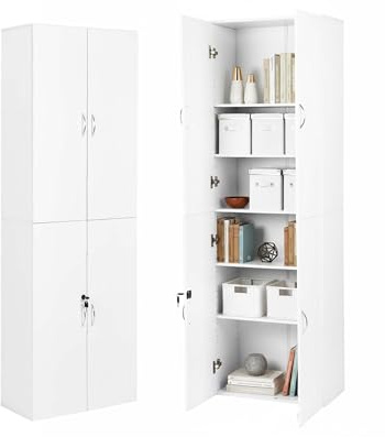 Amveya Aktenschrank abschließbar Büroschrank weiß mit Türen 58x30x180 cm Mehrzweckschrank Hochschrank Holz Vorratsschrank schmal Büro Flurschrank Allzweckschrank modern