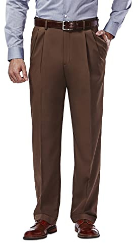 Haggar Mens Mynx Gabardine Hidden Expandable Waistband Classic Fit Front Pleated Dress Pant, Oak, 34W x 32L