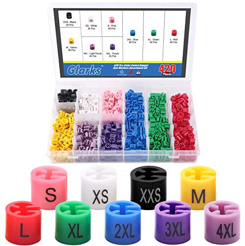 Glarks Lot de 420 marqueurs colorés de tailles XXS à 4XL - 9 couleurs - Assortiment de pinces à taille pour vêtements de 2 à 4 mm utilisés pour les cintres en fil métallique