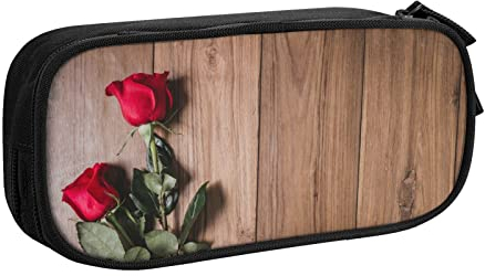 FJAUOQ Red Rose on Plank Wood Pencil Case Compartments Pen Pouch Box Multifunctional Makeup Bag Holder Large Storage Stationery Organizer with Zipper for Office Travel
