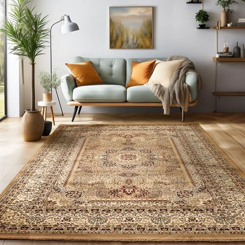 Orientalischer Teppich Wohnzimmer, Schlafzimmer, Esszimmer, Läufer, Flur Boho Teppich Kurzflor Weich 12 mm Carpet Orient, Beige, 160 x 230 cm