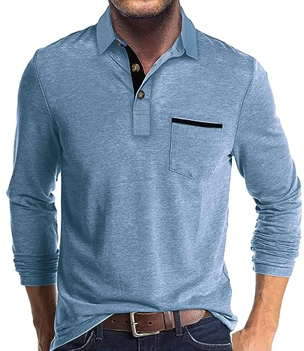 Mens Fashion Polo Shirts Cotton Classic Long Sleeve Thermal Button Shirt with Pocket Blue