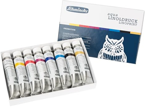 Schmincke - aqua-LINOLDRUCK, lino printing set with 8 x 20 ml tubes, 82 708 097, finest lino printing colours, sharp contours, even printing, brilliant colours, best lightfastness