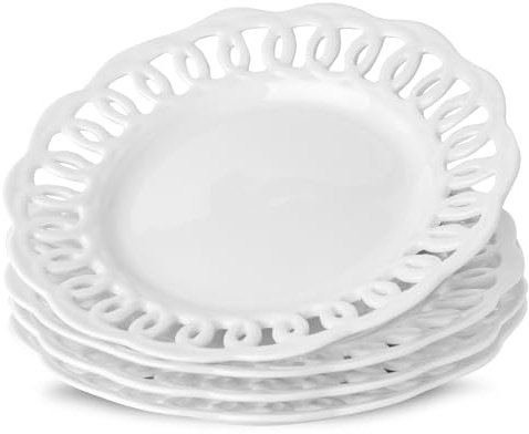 fMBB Round Appetizer Plate with Scalloped Edge Lace Rim, Set of 4, White 8 inch Ceramic Dessert Plates, Small for Cake Snack Side Dish, Microwave and Dishwasher Safe