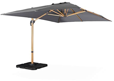 Alice's Garden - Parasol déporté rectangulaire gris 3x4m. mât effet bois + Dalles à lester 50x50cm