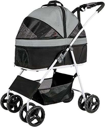 Hundebuggys Premium-Haustierbuggy für mittelgroße Hunde, faltbarer 4-Rad-Katzenbuggy für 2 Katzen, Hundekinderwagen für kleine Hunde, atmungsaktiver Hundebuggy (Rosa) (Dunkelgrau a)