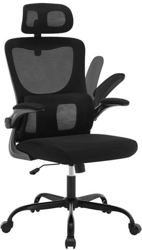 WOLTU Bürostuhl ergonomisch, Schreibtischstuhl mit Schaukelfunktion, Verstellbare Kopfstütze, umkehrbare Armlehnen, Lendenwirbelstütze Arbeitsstuhl für Büro, Bürostühle 150 kg, Schwarz