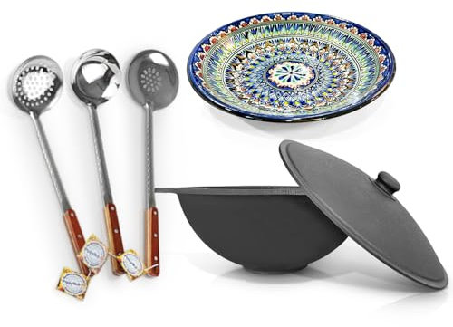 ZARENHOFF Hierro fundido Kazan 12 L Ø 42,5 cm de fondo plano con Lagan Ø 34 cm Uzbeko Plov Olla WOK Kazan Ljagan Namangan Asia Казан ляган (Set 609)