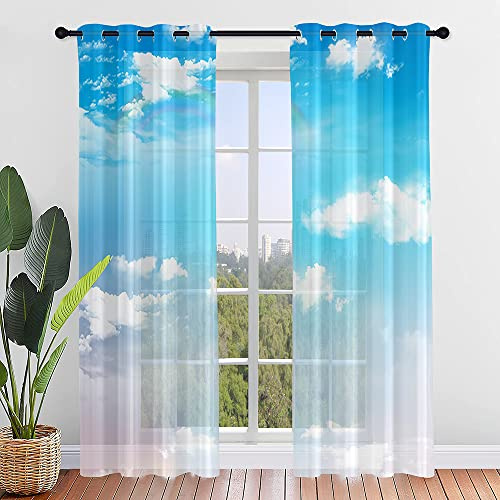 ENEN Tende per Interni Voile Semi Trasparenti, Tende Camera da Letto 2 Pezzi con Occhielli, Modello Nuvole Colorate Tende a Vetro per Soggiorno Finestre (140x160cm,Blu)
