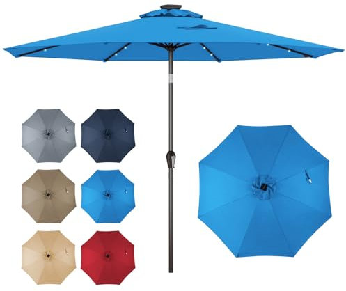 GOPLUS Parasol de Jardin Exterieur 3M, Parasol Inclinable 8 Baleines, Lumineux Solaire 24 LED, Manivelle, Anti-UV, Grand Parasol en Métal pour Plage Balcon Patio, Base Non Incluse (Bleu)