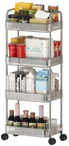 OXFENSEE Aufbewahrungswagen mit 4 Etagen aus transparentem Acryl – Mehrzweckwagen mit Rollen für Küche, Bad und Wohnzimmer – multifunktionales mobiles Regal mit leicht gleitenden Rollen