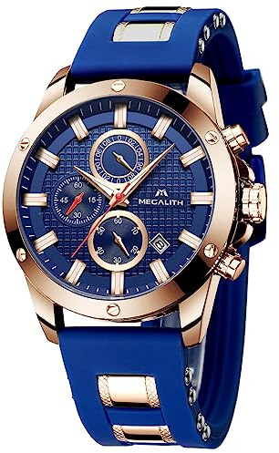 MEGALITH Large Watches Mens Waterproof: Chronograph Analogue with Date Luminous - Wrist Watch Men Stylish Blue Rubber