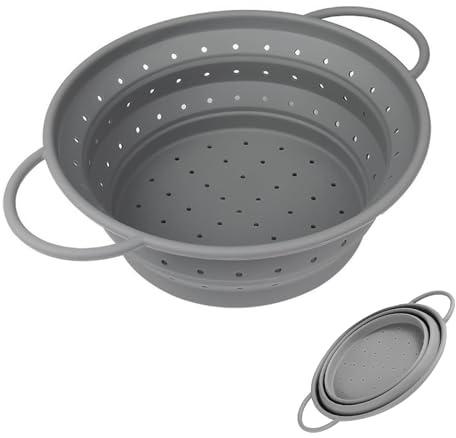 HSUYUN Escurridor Plegable, Diámetro 25,5 CM, Escurridor Pasta, Colador de Silicona Gris, Colador, Para Escurrir Verduras, Fruta y Pasta