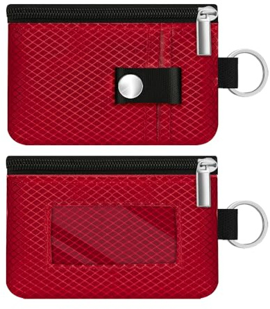 CCUMI Minimalist RFID Blocking Small Wallet with ID Window,WaterResistant Zip Id Case Wallet with Lanyard Keychain for Cards,Cash,Travel,Women,Men (Red)