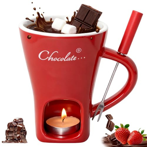 Wxeadu Tazza per Fonduta di Cioccolato, 130 ML Tazza Sciogli Cioccolato con Forchetta, Ceramica Tazza per Fonduta di Cioccolato, Tazza per Fusione per Caramelle e Cioccolato (Rosso)