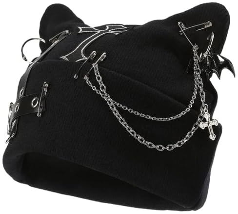 Dtaigou Katze Ohren Mütze - Streetwear Mit Häkelketten Design | Warme Gothic Mütze | Für Damen Winter Outdoor Weihnachtsmarkt Osterfest Party Bei Kälte