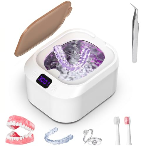 Ultrasonic Retainer Cleaner, 48kHz U-V Ultrasonic Cleaner for Dental Appliances, Mouth Guard, Braces, Toothbrush, 220ML Portable 304 Stainless Steel Quiet Cleaning Machine for Home Travel