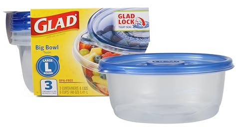 Glad GladWare Big Bowl Food Storage Containers with Lids, Large Round No BPA Plastic Containers for Soups, Salads, and Meal Prep, Lock Tight Seal, Microwave Dishwasher Safe, 48 Oz, 3 Count