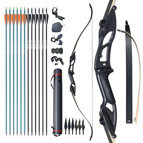 D&Q Recurvebogen Pfeil und Bogen Set 56 Zoll langbogen Rechte Hand Aluminiumlegierung Riser 30-50lbs Jagdbogen für Erwachsene Sportbogen(Schwarz,40lb)