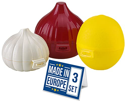 CRYSTALIA Gemüse Aufbewahrungsboxen für Kühlschrank 3er Set BPA FREI Frischhaltebox, Vorratsdosen für Knoblauch, Zitrone, Lebensmittel, Zwiebel Behälter Zwiebelbox, Zitronenbehälter Knoblauchbehälter