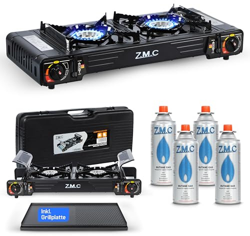 Z.M.C Premium Camping Gaskocher 2-flammig + Grillplatte + 4 Gaskartuschen 227g, Campingkocher mit Transportkoffer für Outdoor und Innenraum, Balkon Tisch Doppelgaskocher mit Piezozündung