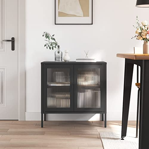 MNISDFL Schränke Anrichte Mehrzweckschrank Sideboard Schwarz 70x35x70 cm Glas und Stahl