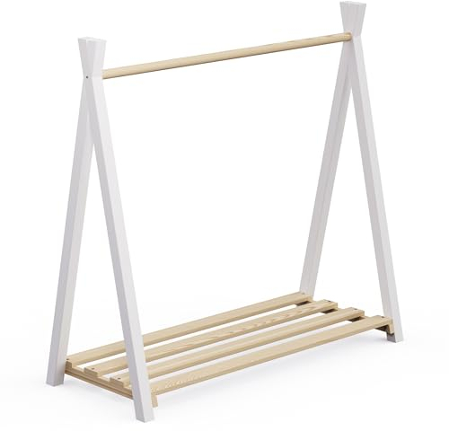 Bellabino Ryck Kleiderstange für Kinder – Kleiderständer aus Kiefer Massivholz in Natur/Weiß – Montessori Kindergarderobe für Jungen & Mädchen – Garderobe mit Schuhablage für Kinderzimmer