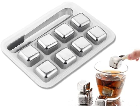 Kellegour Glaçons en Acier Inoxydable,8pcs Glaçons à Whisky Réutilisables avec Clips,Argent Pierres de Whisky,Glaçons Réutilisables,Accessoires de bar Pour Vin,Vodka,Liqueur,Jus de Boisson ou Limonade