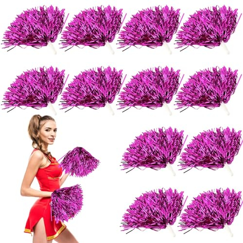 12 Stück Cheerleader Pompons: Cheerleader Puschel mit Griffen, Pompoms Cheerleading, Schön Pompons Cheerleader Hand Blumen-Bänder, Metallic Pompoms Cheerleading für Sportwettbewerb Cheers (rosarot)