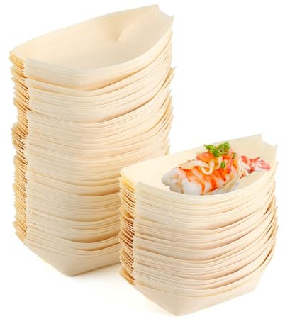 TYSM-CC 100 Piezas Cuencos Madera Desechables, Degradables Forma de Barco Cuencos Aperitivos Desechables para Postres Curry Salchichas