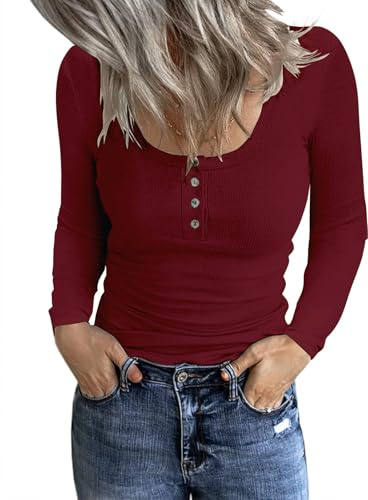 TrendiMax Henley T-Shirt à Manches Longues en Tricot côtelé boutonné pour Femme, Bordeaux, L