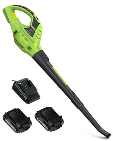 bigzzia leaf garden blower with 2 batteries, 90-130MPH-speed modes, 10500RPM leaf blower for lawn care leaf blowing, clear gardens, patios, gutters, griveways, Cordless