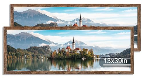 Hongkee 13x39 Puzzle Frame 2 Packs, Real Glass and Rustic Brown Wood Frame, Display Panoramic 13 x 39 Picture Frames - Horizontal or Vertical Wall Mounting